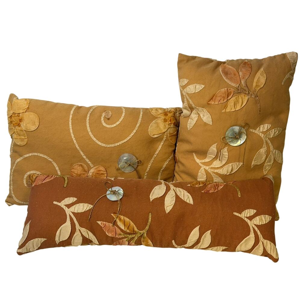 3-Piece Autumn Floral Appliqué Decorative Pillow Set with Shell Button Accents - Picture 7 of 9